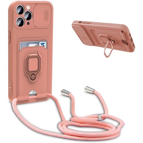 KAL-Coque Avec Cordon Pour Iphone 11 Pro Max,Collier Pour Étui Colliers De Cellulaire Réglable Corde Silicone Souple Case,Protection De La Caméra,Support,Porte Cartes - Pink