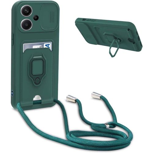 TRAHOO-Coque avec Cordon pour Xiaomi Redmi Note 13 Pro Plus 5G,Collier pour Étui Colliers de cellulaire Réglable Corde Silicone Souple Case,Protection de la Caméra,Support,Porte Cartes - Vert