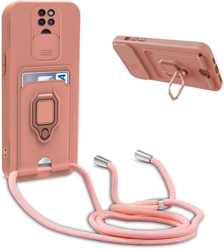 Mdy-Coque Avec Cordon Pour Motorola Moto G9 Play,Collier Pour Étui Colliers De Cellulaire Réglable Corde Silicone Souple Case,Protection De La Caméra,Support,Porte Cartes - Pink
