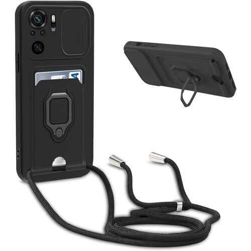 MDY-Coque avec Cordon pour Xiaomi Redmi 12C / Redmi 11A,Collier pour Étui Colliers de cellulaire Réglable Corde Silicone Souple Case,Protection de la Caméra,Support,Porte Cartes - Noir