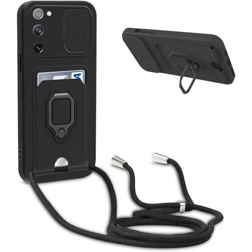 KAL-Coque Avec Cordon Pour Samsung Galaxy S20 Fe 5G,Collier Pour Étui Colliers De Cellulaire Réglable Corde Silicone Souple Case,Protection De La Caméra,Support,Porte Cartes - Noir