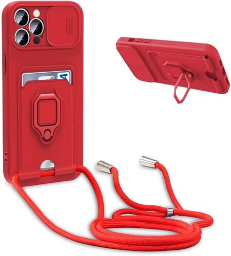 AYU-Coque avec Cordon pour iPhone 15 Pro,Collier pour Étui Colliers de cellulaire Réglable Corde Silicone Souple Case,Protection de la Caméra,Support,Porte Cartes - Rouge