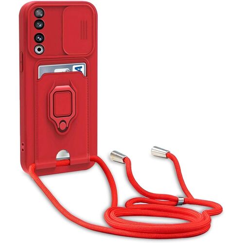 MDY-Coque avec Cordon pour Honor 90 5G,Collier pour Étui Colliers de cellulaire Réglable Corde Silicone Souple Case,Protection de la Caméra,Support,Porte Cartes - Rouge