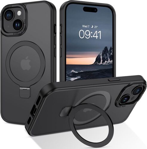 ELVORIX-Coque pour iPhone 15 Plus avec Support, Magnétique Compatible avec MagSafe, Étui Translucide Mat Arrière Housse de Protection Antichoc Dos Anti-Rayures Case pour iPhone 15 Plus 6.7"", Noir