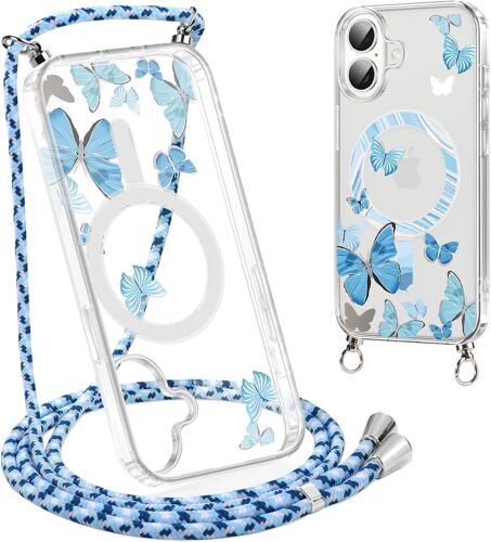 KAL-Magnétique Coque Avec Cordon Pour Iphone 16 6,1'' Compatible Avec Magsafe, Transparent Aesthetic Motif Design Etui Avec Collier, Portable Lanyard Housse Cover Pour Iphone 16, Butterfly 01