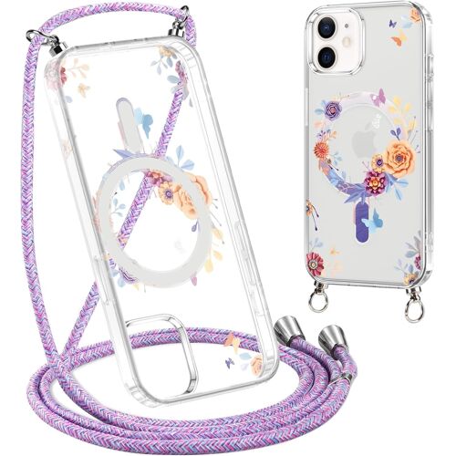 KAL-Magnétique Coque Avec Cordon Pour Iphone 11 6,1'' Compatible Avec Magsafe, Transparent Aesthetic Motif Design Etui Avec Réglable Collier, Portable Lanyard Housse Cover Pour Iphone 11, Fleur 01