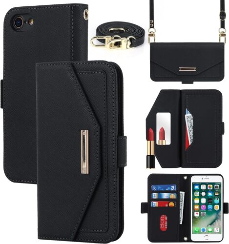 KAL-Coque Compatible Avec Iphone 7/8/Se 2020/Se 2022 Etui Avec Cordon,Flip Portefeuille Étui Cuir,[5 Porte Cartes][Miroir][Magnétique][Réglable Collier] Housse - Noir