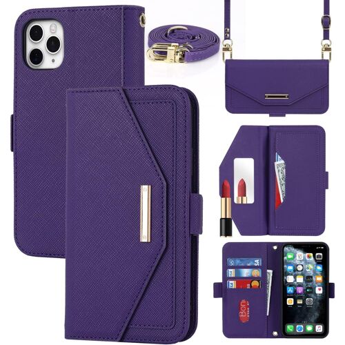 KAL-Coque Compatible Avec Iphone 11 Pro Etui Avec Cordon,Flip Portefeuille Étui Cuir,[5 Porte Cartes][Miroir][Magnétique][Réglable Collier] Housse - Violet