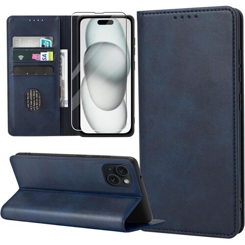 Iphone 15 Case, Leather Case With Tempered Glass Pu Flip Wallet Pouch Case With Card Slot Iphone 15 Magnetic Shockproof Case, Blue