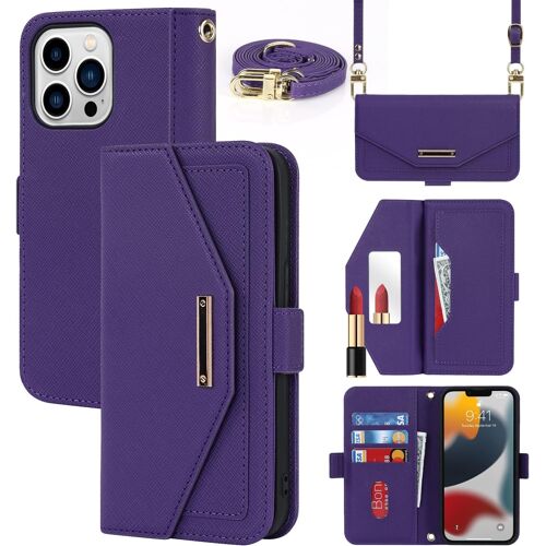 KAL-Coque Compatible Avec Iphone 13 Pro Etui Avec Cordon,Flip Portefeuille Étui Cuir,[5 Porte Cartes][Miroir][Magnétique][Réglable Collier] Housse - Violet