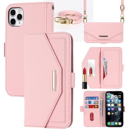 Aer-Coque Compatible Avec Iphone 11 Pro Max Etui Avec Cordon,Flip Portefeuille Étui Cuir,[5 Porte Cartes][Miroir][Magnétique][Réglable Collier] Housse - Rose