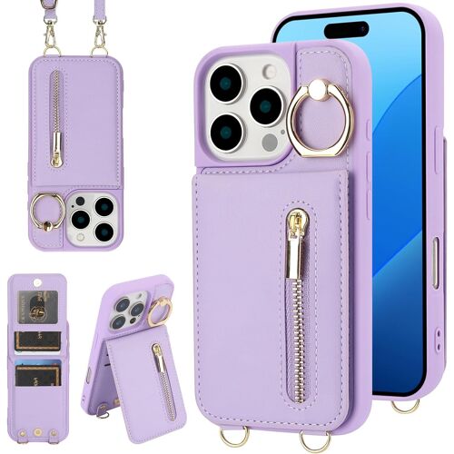 SJZG-Coque Pour Iphone 13 Pro Coque Etui Avec Sangle Réglable Portefeuille En Cuir Anti-Rfid Pochette Magnétique Flip Case Étui Cover Housse Protection Avec Anneau-Violet