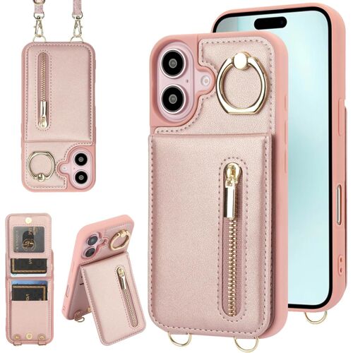 KAL-Coque Pour Iphone 16 Plus Coque Etui Avec Sangle Réglable Portefeuille En Cuir Anti-Rfid Pochette Magnétique Flip Case Étui Cover Housse Protection Avec Anneau-Rose