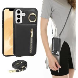Sjzg-Coque Pour Samsung Galaxy S25+/S25 Plus Coque Etui Avec Sangle Réglable Portefeuille En Cuir Anti-Rfid Pochette Magnétique Flip Case Étui Cover Housse Protection Avec Anneau-Noir