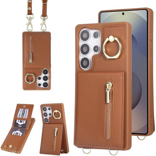 Sjzg-Coque Pour Samsung Galaxy S25 Ultra Coque Etui Avec Sangle Réglable Portefeuille En Cuir Anti-Rfid Pochette Magnétique Flip Case Étui Cover Housse Protection Avec Anneau-Marron