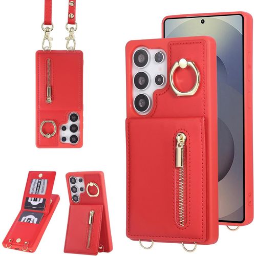 Maa-Coque Pour Samsung Galaxy S25 Ultra Coque Etui Avec Sangle Réglable Portefeuille En Cuir Anti-Rfid Pochette Magnétique Flip Case Étui Cover Housse Protection Avec Anneau-Rouge