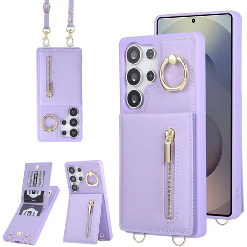Maa-Coque Pour Samsung Galaxy S25 Ultra Coque Etui Avec Sangle Réglable Portefeuille En Cuir Anti-Rfid Pochette Magnétique Flip Case Étui Cover Housse Protection Avec Anneau-Violet