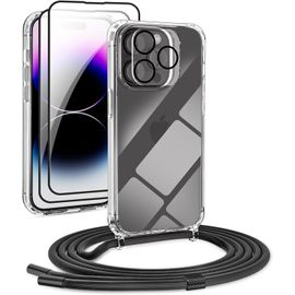 Tianyi-Coque Iphone 15 Pro Max Avec Cordon, Housse Transparent Antichoc, Collier Réglable Lanyard, Protection Complète, Étui Portable, Anti-Jaunissement, Coque Avec Tour De Cou, Noir