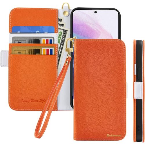 Coque Pour Samsung Galaxy S22 5g Rabat,Housse Samsung S22 5g Clapet,Portefeuille Etui Avec Fonction Support Et Porte-Carte,Litchi Texturé Cuir/Antichoc Flip Cover Case.Orange