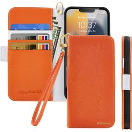 Kal-Coque Pour Iphone 13 Mini Rabat,Housse Iphone 13 Mini Clapet,Portefeuille Etui Avec Fonction Support Et Porte-Carte,Litchi Texturé Cuir/Antichoc Flip Cover Case.Orange