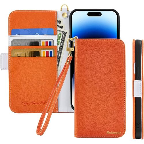 Kal-Coque Pour Iphone 16 Plus Rabat,Housse Iphone 16 Plus Clapet,Portefeuille Etui Avec Fonction Support Et Porte-Carte,Litchi Texturé Cuir/Antichoc Flip Cover Case.Orange