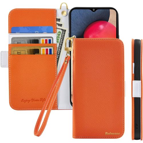 Coque Pour Samsung Galaxy A23 Rabat,Housse Samsung A23 Clapet,Portefeuille Etui Avec Fonction Support Et Porte-Carte,Litchi Texturé Cuir/Antichoc Flip Cover Case.Orange