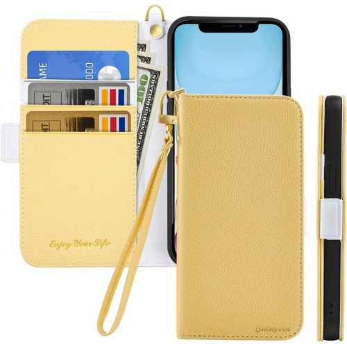 Coque Pour Iphone 12 Mini Rabat,Housse Iphone 12 Mini Clapet,Portefeuille Etui Avec Fonction Support Et Porte-Carte,Litchi Texturé Cuir/Antichoc Flip Cover Case.Jaune