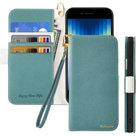 Coque Pour Iphone Se 2022/Iphone Se 2020 Rabat,Housse Iphone 8/Iphone 7 Clapet,Portefeuille Etui Avec Fonction Support Et Porte-Carte,Litchi Texturé Cuir/Antichoc Flip Cover Case.Bleu Vert
