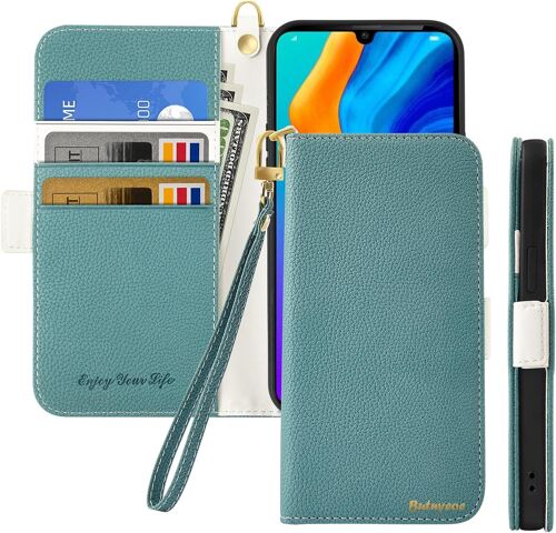 KAL-Coque Pour Huawei P30 Pro Rabat,Housse Huawei P30 Pro Clapet,Portefeuille Etui Avec Fonction Support Et Porte-Carte,Litchi Texturé Cuir/Antichoc Flip Cover Case.Bleu Vert