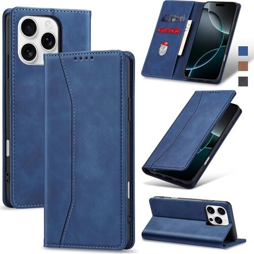 KAL-Coque Pour Iphone 16 Pro, Housse Etui En Cuir Pu Portefeuille [Antichoc] [Magnétique] [Porte Cartes] [Stand Fonction] Flip Coque (Bleu)
