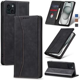 Kalanka-Coque Pour Iphone 15 Plus, Housse Etui En Cuir Pu Portefeuille [Antichoc] [Magnétique] [Porte Cartes] [Stand Fonction] Flip Coque (Noir)