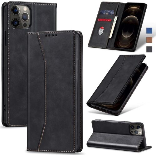 KAL-Coque Pour Iphone 12 Pro Max, Housse Etui En Cuir Pu Portefeuille [Antichoc] [Magnétique] [Porte Cartes] [Stand Fonction] Flip Coque (Noir)