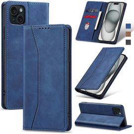 Kalanka-Coque Pour Iphone 15 Plus, Housse Etui En Cuir Pu Portefeuille [Antichoc] [Magnétique] [Porte Cartes] [Stand Fonction] Flip Coque (Bleu)
