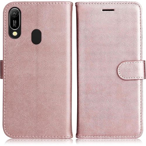 Kal-Coque Pour Huawei Y6 2019 / Honor 8a, Pu En Cuir Coque Portefeuille Étui Housse, Design Classique Tpu Coque Pour Huawei Y6 2019 / Honor 8a, Rose