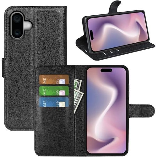 Coque Portefeuille Cuir Pu Pour Iphone 16 (6,1"") - Étui Flip Avec Porte-Cartes, Support Kickstand, Fermeture Magnétique, Coque Intérieure Tpu Antichoc - Noir