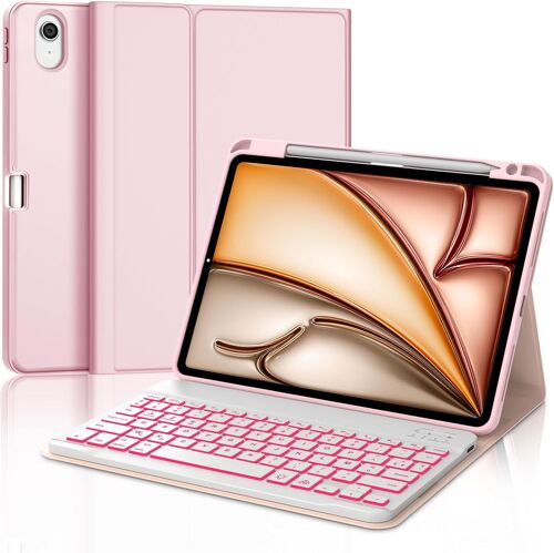iPad Air Keyboard 11 Inch M3/M2 (2025/2024), French AZERTY Keyboard Cover Backlit 7 Colours, Detachable Wireless Bluetooth Keyboard Case for iPad Air 11 M2 2024/M3 2025 11 Inch, Pink