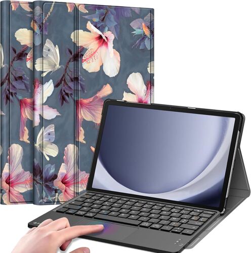 Clavier pour Samsung Galaxy Tab A9 Plus (A9+) 11 Pouces 2023, [Pavé Tactile] Clavier AZERTY sans Fil Bluetooth Rechargeable, Housse Rigide et Fine Multipositions, Fleur Hibiscus