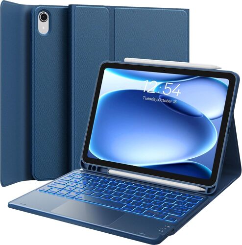 Clavier iPad 11 A16(2025) /10eme Generation 2022, Coque Clavier iPad 10eme Generation avec Touchpad, Eclairage 7 Couleurs, Rechargeable Clavier AZERTY, Bleu Marine