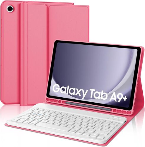 Keyboard Case for Samsung Galaxy Tab A9 Plus 11 Inch 2023, Magnetic Removable Cover, Samsung Tab A9 + Bluetooth Rechargeable AZERTY French Keyboard Case with Pencil Holder, Pink