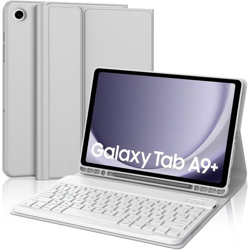 Keyboard Case for Samsung Galaxy Tab A9 Plus 11 Inch 2023, Magnetic Removable Cover, Samsung Tab A9 + Bluetooth Rechargeable AZERTY French Keyboard Case with Pencil Holder, Light Grey