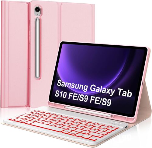 Coque Clavier pour Samsung Galaxy Tab S10 FE/S9 FE 10.9""/S9 11"", Étui Keyboard Azerty Bluetooth DéTachable 7 Couleurs Rétroéclairées avec Porte Crayon, Rose