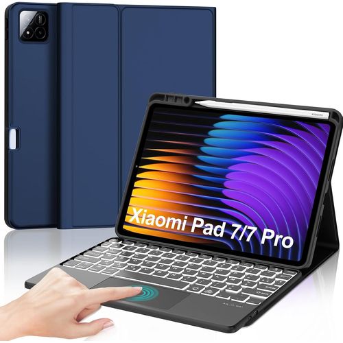Clavier avec Touchpad pour Xiaomi Pad 7/7 Pro 11.2"" 2025, AZERTY Français Clavier Rétroéclairé Bluetooth Magnétique Détachable avec Trackpad pour Tablette Xiaomi Pad 7/7 Pro 11.2 Pouces, Bleu