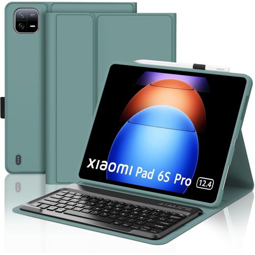 KAL-Coque Clavier Pour Xiaomi Pad 6S Pro 12.4'' 2024 -Azerty Français Clavier Avec Fente Pour Stylo, Détachable Sans Fil Bluetooth Pour Xiaomi Pad 6S Pro 12.4'', Vert Foncé