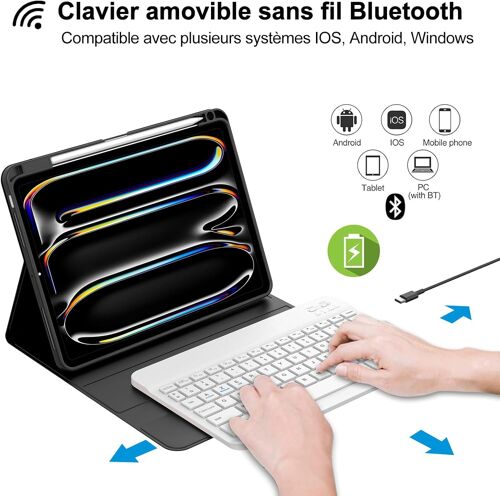Coque Clavier iPad Pro 11 Pouces 2024, Détachable sans Fil Bluetooth AZERTY Clavier Étui avec Porte-Stylet pour iPad Pro 11 M4 2024, Noir