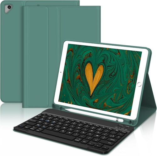Coque Clavier pour iPad 9.7"", iPad 6eme/5eme Generation 2018/2017, Air 2/1 2014/2013, AZERTY Clavier sans Fil Bluetooth Détachable Housse avec Pen Holder, Vert foncé