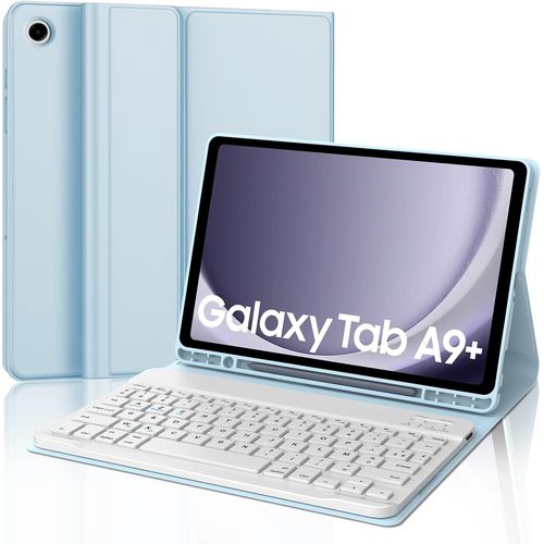 Coque Clavier pour Samsung Tab A9 Plus 11"" 2023, AZERTY Français Clavier Bluetooth Magnétique Détachable pour Samsung Galaxy Tab A9+ Plus 11 Pouces 2023, Bleu Ciel