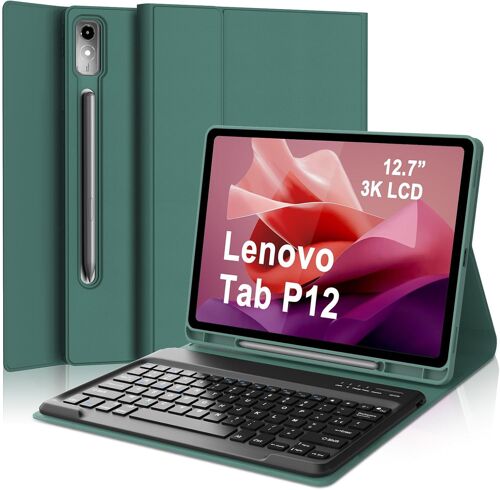 Coque Clavier Lenovo Tab P12 12.7 Pouces 2023, Détachable AZERTY Français Clavier Étui pour Tablette Lenovo Tab P12 12.7"" (TB370FU), Vert foncé