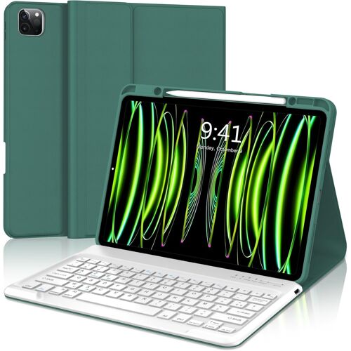 KALANKA-Coque Clavier pour iPad Pro 12.9 2022/2021/2020/2018, AZERTY Français Étui Clavier Magnétique Bluetooth sans Fil pour iPad Pro 12.9 6è/5è/4è/3è Gén, Vert Foncé