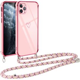 Coque Tpu Anti¿Choc Pour Iphone 11 Pro Max 6,5"" Motif C?ur Avec Cordon Tour De Cou Réglable Et Amovible ¿ Rose