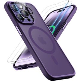 TRAHOO-Coque pour iPhone 14 Pro avec 2 Verre Trempé et 1 Caméra Protecteur, Compatible avec Mag Safe, Etui Translucide Mat Arrière Antichoc Coque Magnétique pour iPhone 14 Pro 6.1"" Pourpre Foncé